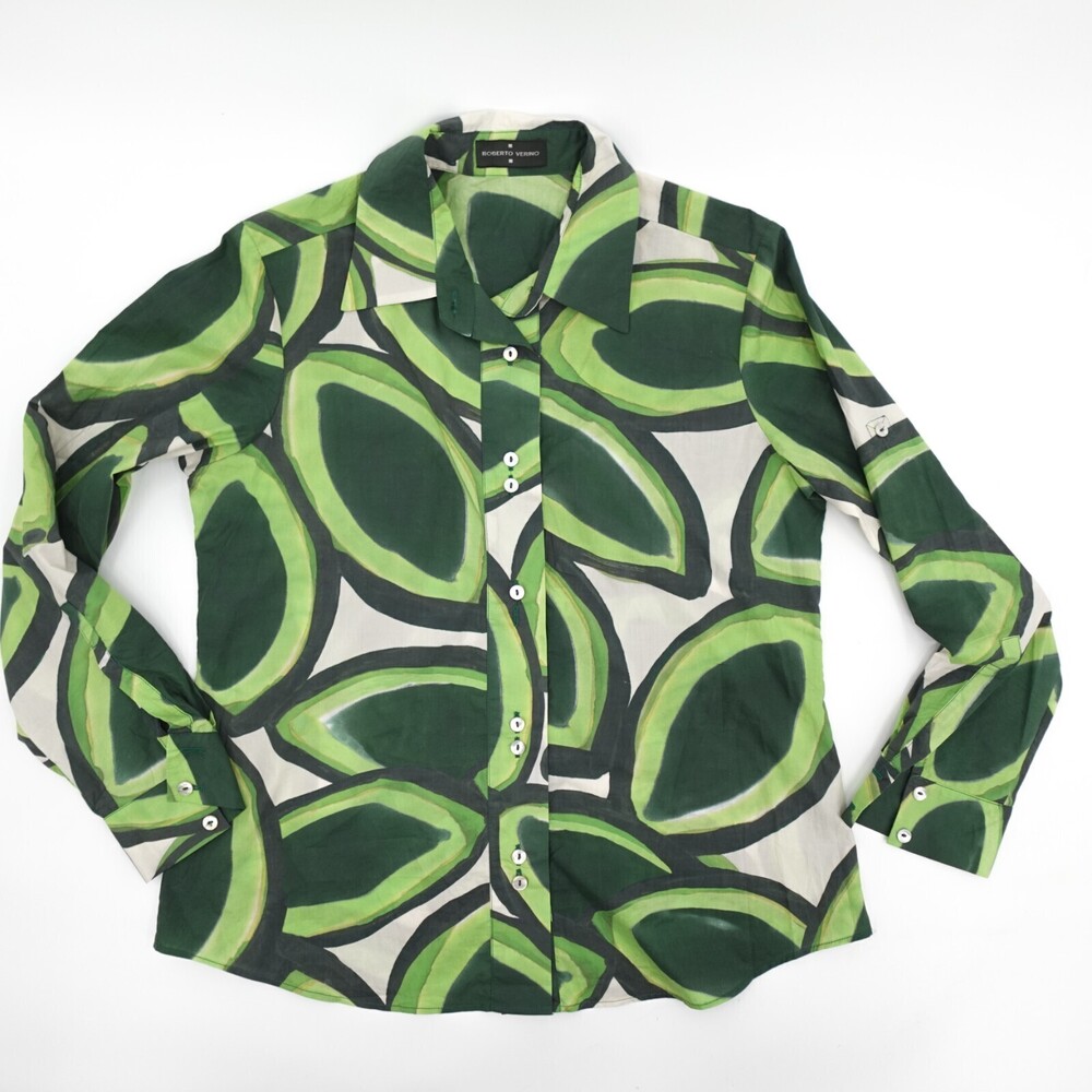 Roberto Verino Shirt Womens Green Button Up Long Raglan Sleeve Geometric
